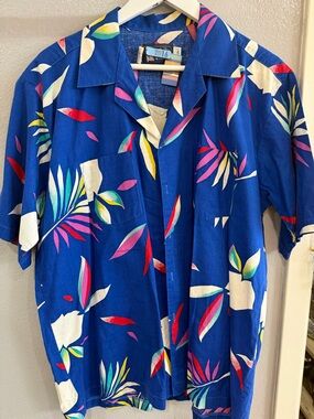 Panhandle Slim Blue Short-Sleeve Button-Down Tropical Print Shirt